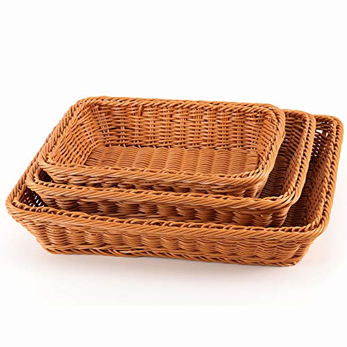 ZOENHOU 3 Packs Poly Wicker Bread Basket, 16” 14” 12” Handmade Woven Empty Gift Basket, Tabletop Wicker Serving Baskets for Home Restaurant Hotel Food Fruit Vegetables Snacks Storage, Brown - Image 3