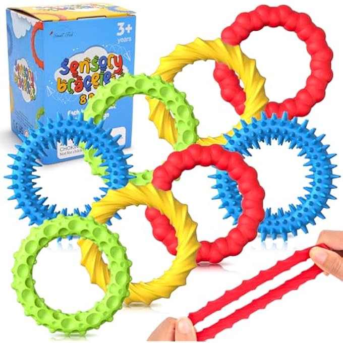 SMALL FISH Sensory Fidget Toys for Kids Adults - 8 Pack Stretchy Fidget Bracelet | Texture & Calming Autism Sensory Toys for Special Needs Autistic Children | Stress Relief, Calm Down Toy for Toddler Girls Boys - Image 1
