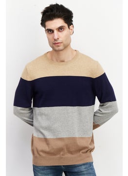 Men Crew Neck Colorblock Long Sleeve Sweatshirt, Beige