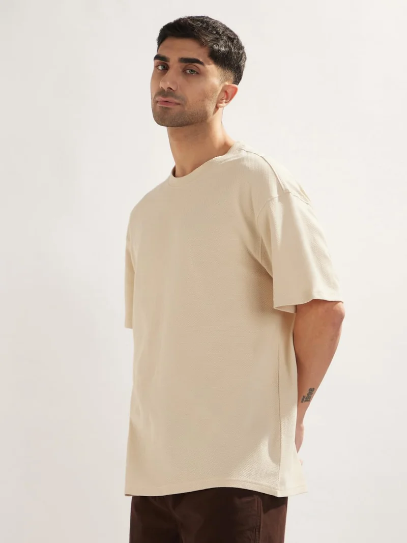 نوبيرو Men's Oversized Fit Cotton T-Shirt in Beige