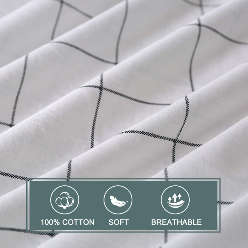 JELLYMONI 100% Natural Cotton 3pcs Plaid Duvet Cover Sets,White with Black Grid Geometric Pattern Printed Comforter Cover,with Zipper Closure & Corner Ties(Full Size) - Image 4