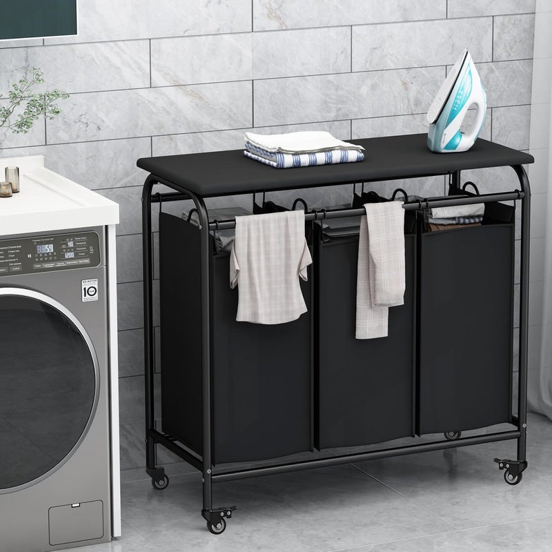 LINZINAR 3 Bag Laundry Basket Sorter Heavy Duty Rolling Lockable Wheels Laundry Hamper Cart with Ironing Board and Removable Bags, Black - Image 2