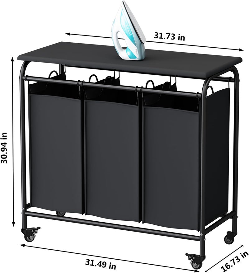 LINZINAR 3 Bag Laundry Basket Sorter Heavy Duty Rolling Lockable Wheels Laundry Hamper Cart with Ironing Board and Removable Bags, Black - Image 5
