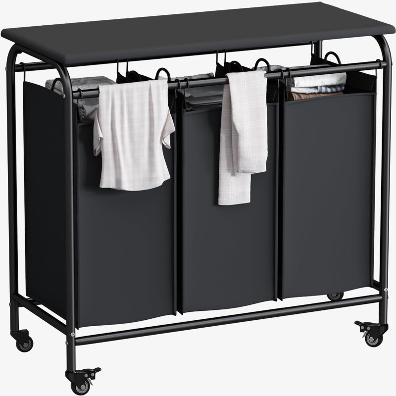 LINZINAR 3 Bag Laundry Basket Sorter Heavy Duty Rolling Lockable Wheels Laundry Hamper Cart with Ironing Board and Removable Bags, Black - Image 1