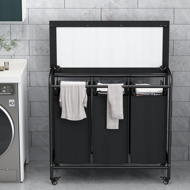 LINZINAR 3 Bag Laundry Basket Sorter Heavy Duty Rolling Lockable Wheels Laundry Hamper Cart with Ironing Board and Removable Bags, Black - Image 3