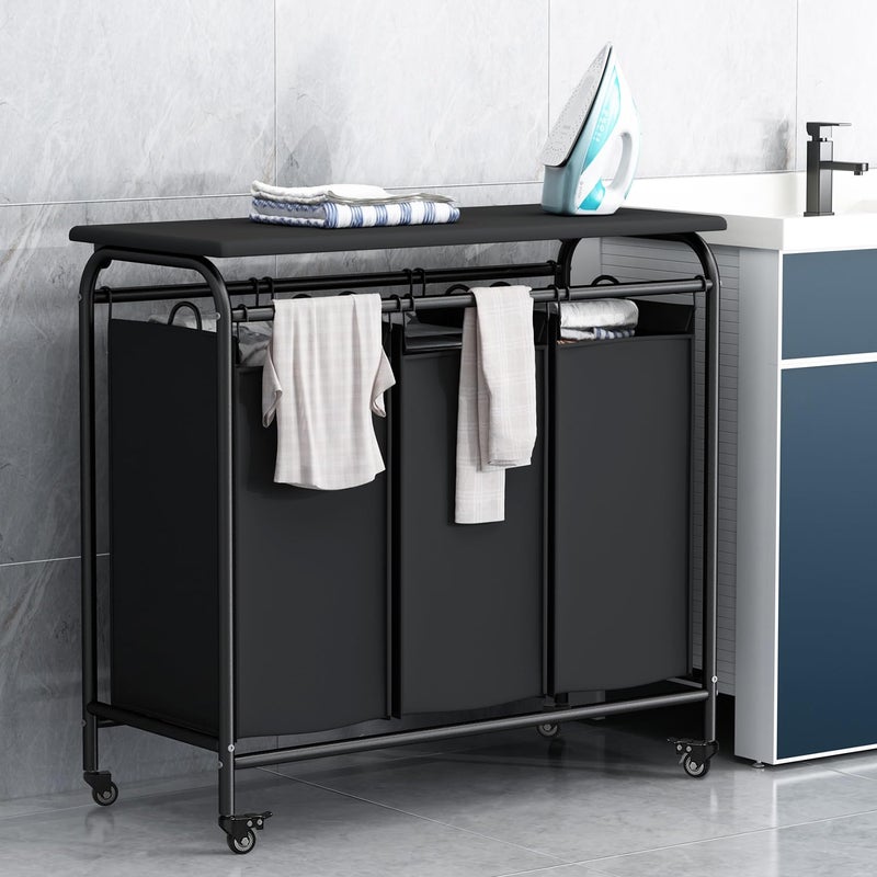 LINZINAR 3 Bag Laundry Basket Sorter Heavy Duty Rolling Lockable Wheels Laundry Hamper Cart with Ironing Board and Removable Bags, Black - Image 4