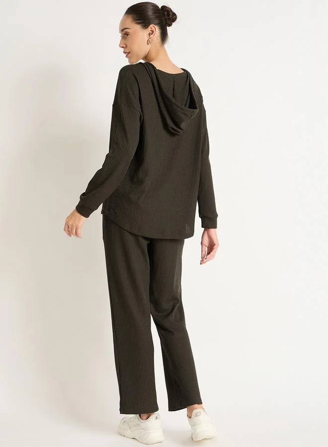 Femmella  Olive Waffle Knit Hoodie and Joggers Co-Ords for Women | Best Price UAE