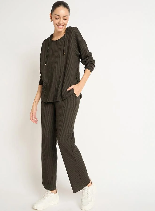 Femmella  Olive Waffle Knit Hoodie and Joggers Co-Ords for Women | Best Price UAE