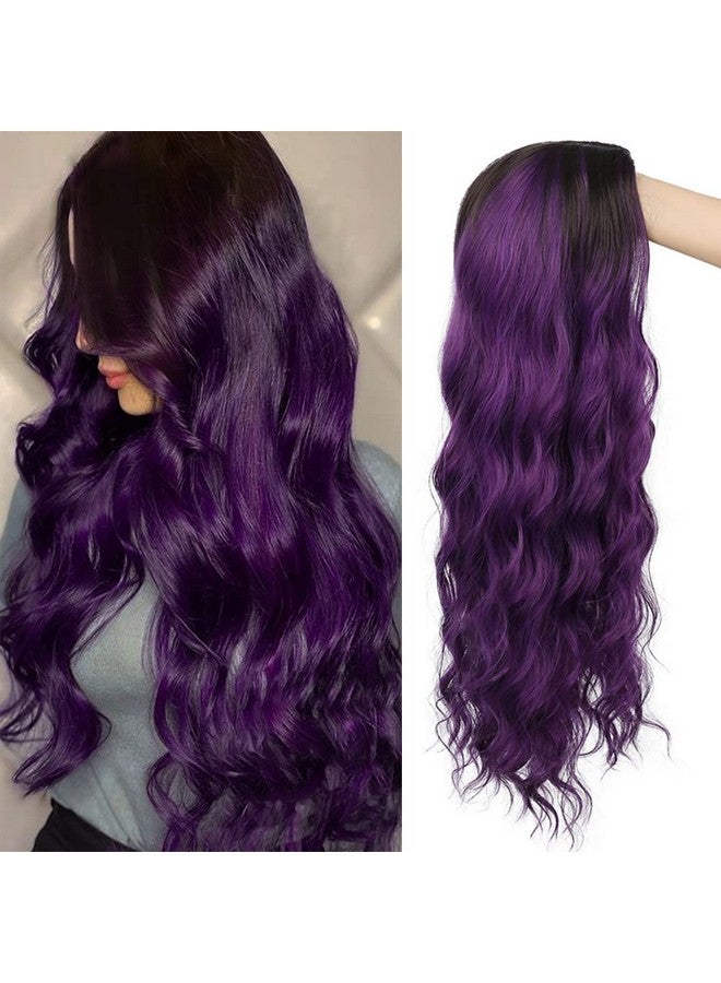 Swiking Ombre Purple Curly Wavy Long Wigs For Women Black Root Natural Cute Colorful Wig With Breathable Wig Net Perfect For Daily Party Cosplay (Purple) - Image 1
