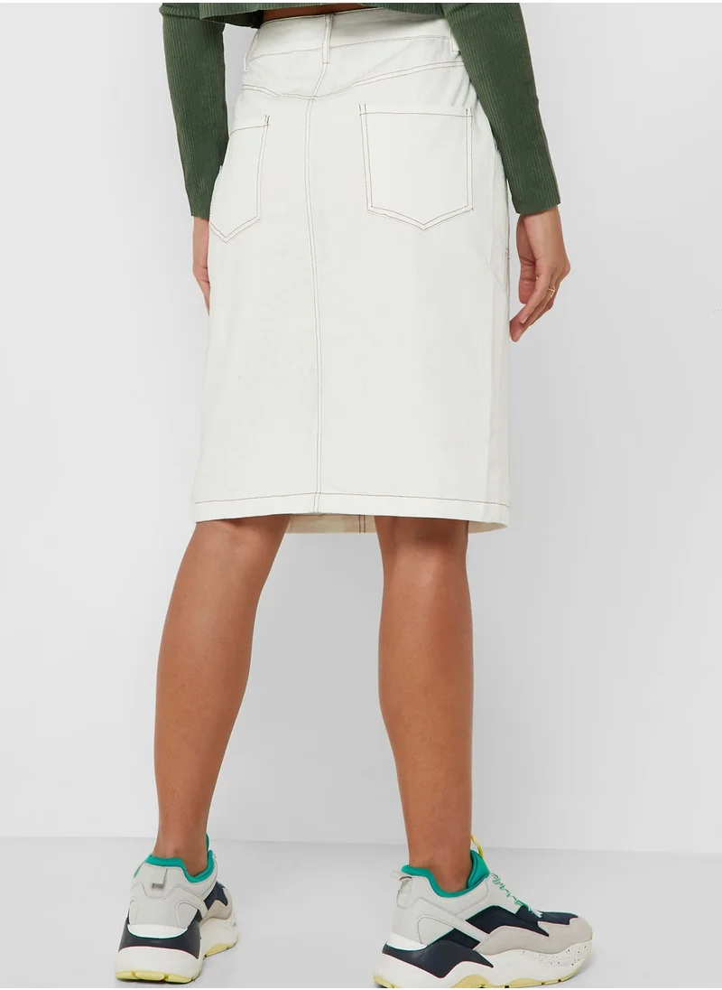 Ginger Contrast Stitched Button Front Midi Skirt