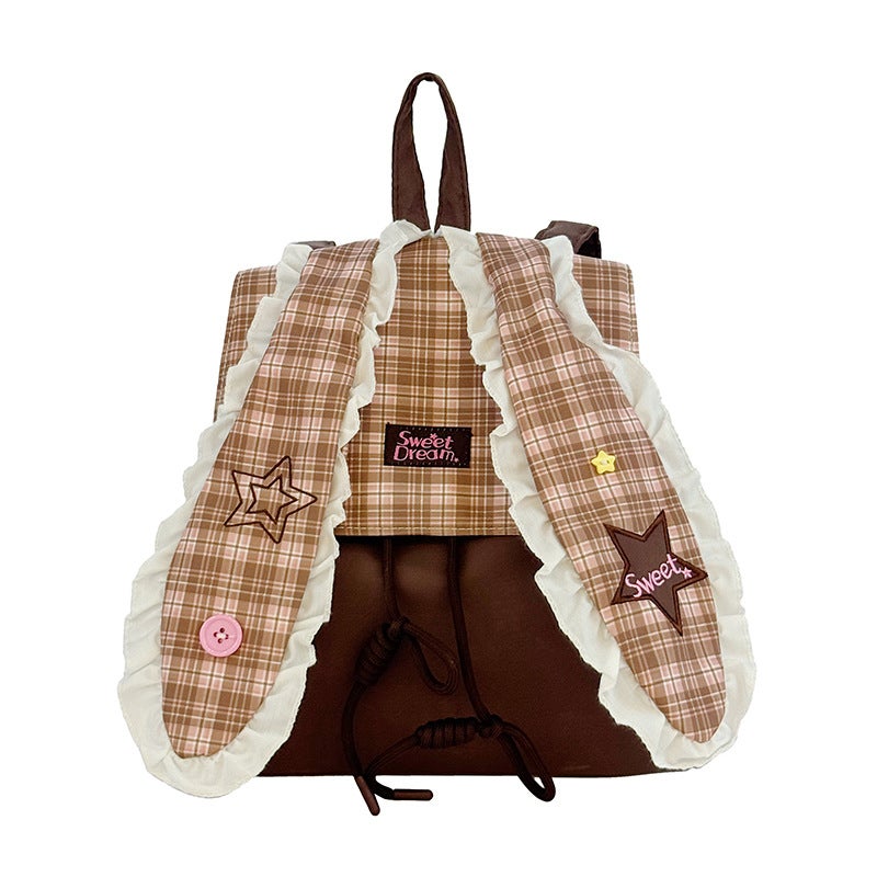 Korean Style Plaid Large Capacity Student Backpack with Bunny Ears - Image 5