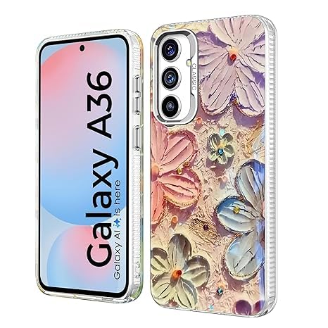 Elzzi Case for Samsung Galaxy A36 5G, Cute Colourful Flower Oil Painting Blue Ray Cover Glossy PC+TPU Shockproof Bumper with Full Camera Protection Stylish Shiny Phone Case for Girls & Women (Pink) - Image 2