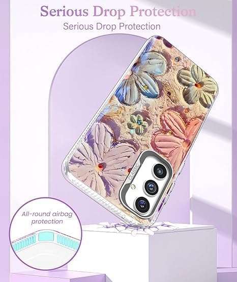 Elzzi Case for Samsung Galaxy A36 5G, Cute Colourful Flower Oil Painting Blue Ray Cover Glossy PC+TPU Shockproof Bumper with Full Camera Protection Stylish Shiny Phone Case for Girls & Women (Pink) - Image 5