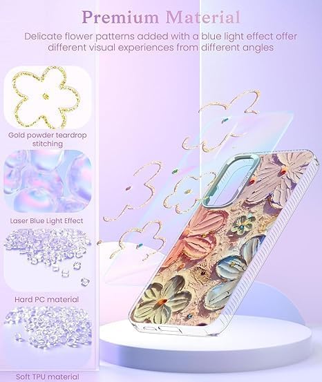 Elzzi Case for Samsung Galaxy A36 5G, Cute Colourful Flower Oil Painting Blue Ray Cover Glossy PC+TPU Shockproof Bumper with Full Camera Protection Stylish Shiny Phone Case for Girls & Women (Pink) - Image 3
