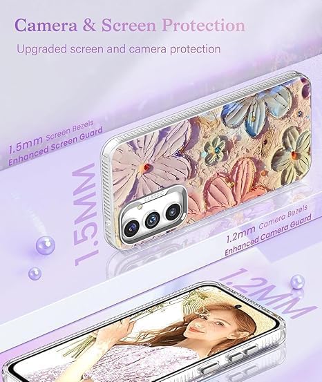 Elzzi Case for Samsung Galaxy A36 5G, Cute Colourful Flower Oil Painting Blue Ray Cover Glossy PC+TPU Shockproof Bumper with Full Camera Protection Stylish Shiny Phone Case for Girls & Women (Pink) - Image 4