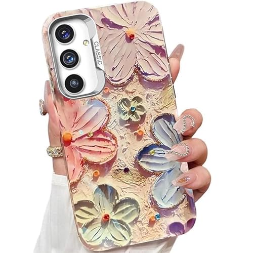 Elzzi Case for Samsung Galaxy A36 5G, Cute Colourful Flower Oil Painting Blue Ray Cover Glossy PC+TPU Shockproof Bumper with Full Camera Protection Stylish Shiny Phone Case for Girls & Women (Pink) - Image 1