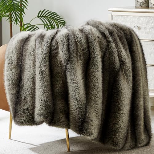 DREAMNINE Premium Luxury Fuzzy Animal Skin Faux Fur Throw Blanket 50" x 60", High-end Reversible Cozy Thick Wolf Fluffy Fox Blankets for Couch, Soft Warm Gray Bear Furry Blanket for Winter, Black Grey - Image 2