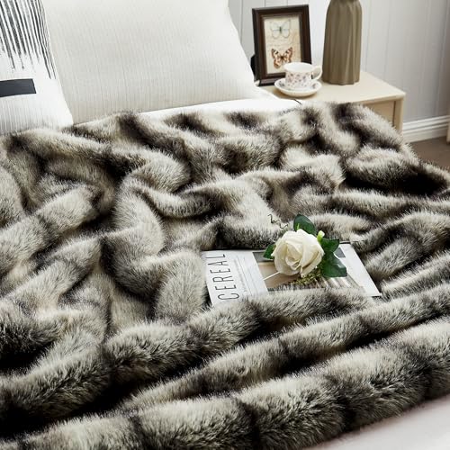 DREAMNINE Premium Luxury Fuzzy Animal Skin Faux Fur Throw Blanket 50" x 60", High-end Reversible Cozy Thick Wolf Fluffy Fox Blankets for Couch, Soft Warm Gray Bear Furry Blanket for Winter, Black Grey - Image 1