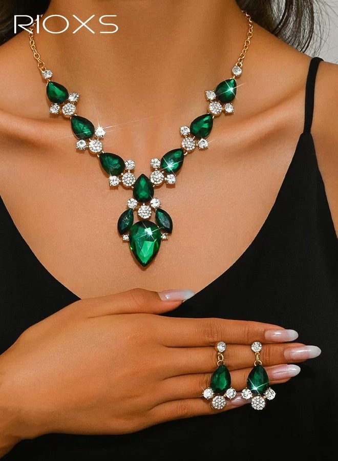 RIOXS Bride Jewelry Set, Crystal Wedding Necklace Earrings Bridal Rhinestone Teardrop Pendant Accessories for Women and Bridesmaids (3 piece set - 2 earrings and 1 necklace) - Image 1