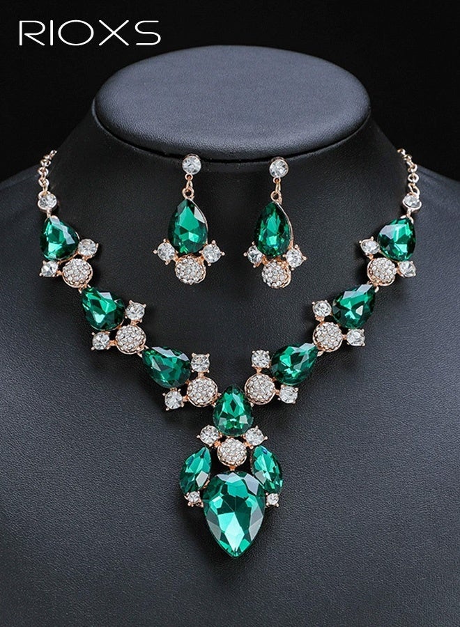 RIOXS Bride Jewelry Set, Crystal Wedding Necklace Earrings Bridal Rhinestone Teardrop Pendant Accessories for Women and Bridesmaids (3 piece set - 2 earrings and 1 necklace) - Image 4