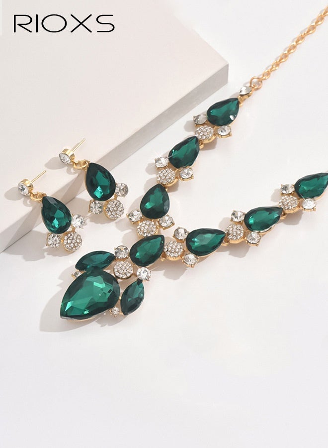 RIOXS Bride Jewelry Set, Crystal Wedding Necklace Earrings Bridal Rhinestone Teardrop Pendant Accessories for Women and Bridesmaids (3 piece set - 2 earrings and 1 necklace) - Image 2
