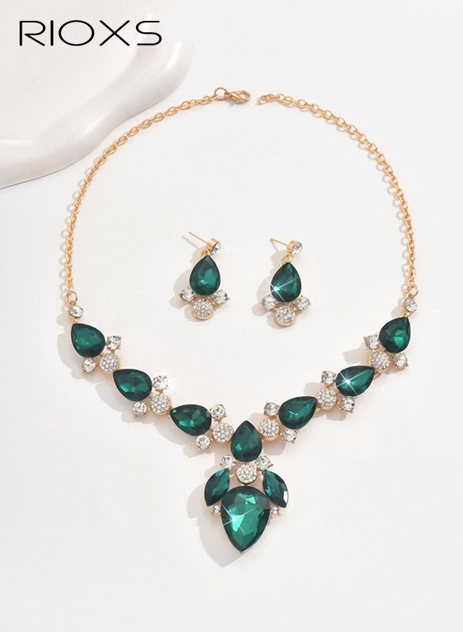 RIOXS Bride Jewelry Set, Crystal Wedding Necklace Earrings Bridal Rhinestone Teardrop Pendant Accessories for Women and Bridesmaids (3 piece set - 2 earrings and 1 necklace) - Image 3