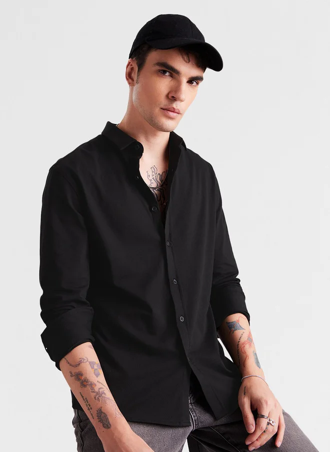 The Souled Store Men Black Solid Regular Fit Textured Shirt