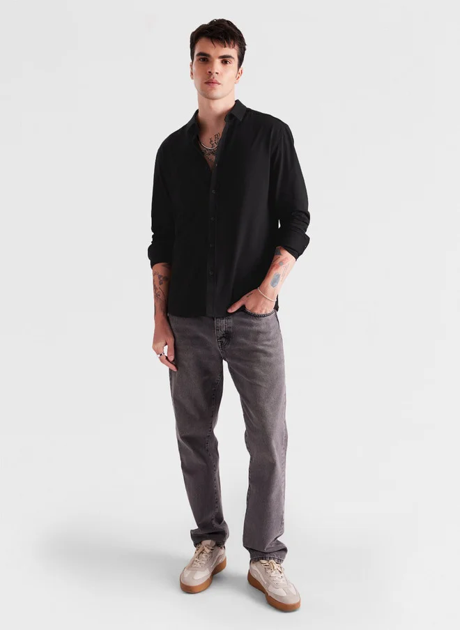 The Souled Store  The Souled Store Men Black Solid Regular Fit Textured Shirt  | Best Price UAE