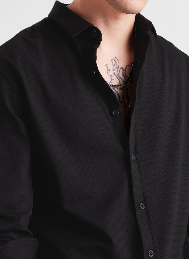 The Souled Store  The Souled Store Men Black Solid Regular Fit Textured Shirt  | Best Price UAE