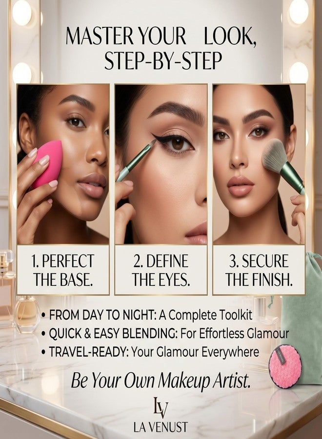 LA VENUST 17Pc Makeup Kit Set - Premium 13-Piece Makeup Brush Set with 3 Makeup sponges & 1 Color-Removal Sponge - Soft Synthetic Bristles, Rose Gold & Cream Design with Velvet Travel Pouch - Complete Professional Beauty Tools (Clean sponge and makeup puffs , color may vary or multicolour) (Green) - Image 3