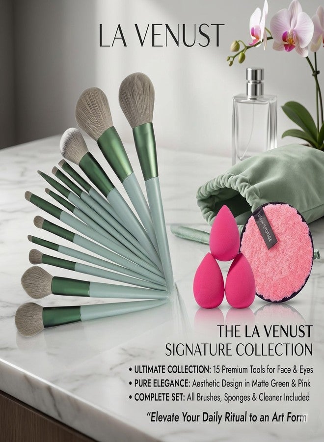 LA VENUST 17Pc Makeup Kit Set - Premium 13-Piece Makeup Brush Set with 3 Makeup sponges & 1 Color-Removal Sponge - Soft Synthetic Bristles, Rose Gold & Cream Design with Velvet Travel Pouch - Complete Professional Beauty Tools (Clean sponge and makeup puffs , color may vary or multicolour) (Green) - Image 2