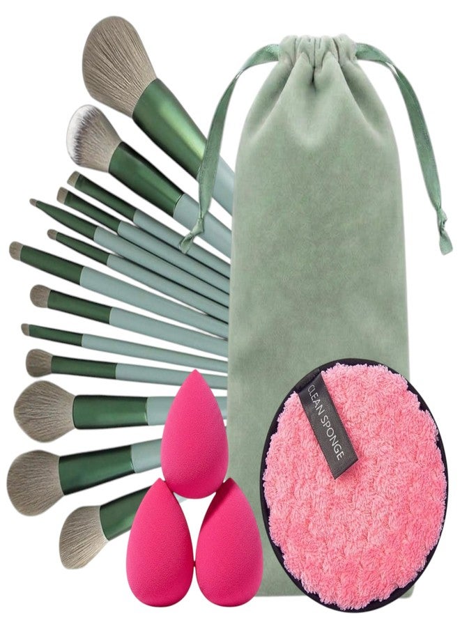 LA VENUST 17Pc Makeup Kit Set - Premium 13-Piece Makeup Brush Set with 3 Makeup sponges & 1 Color-Removal Sponge - Soft Synthetic Bristles, Rose Gold & Cream Design with Velvet Travel Pouch - Complete Professional Beauty Tools (Clean sponge and makeup puffs , color may vary or multicolour) (Green) - Image 1