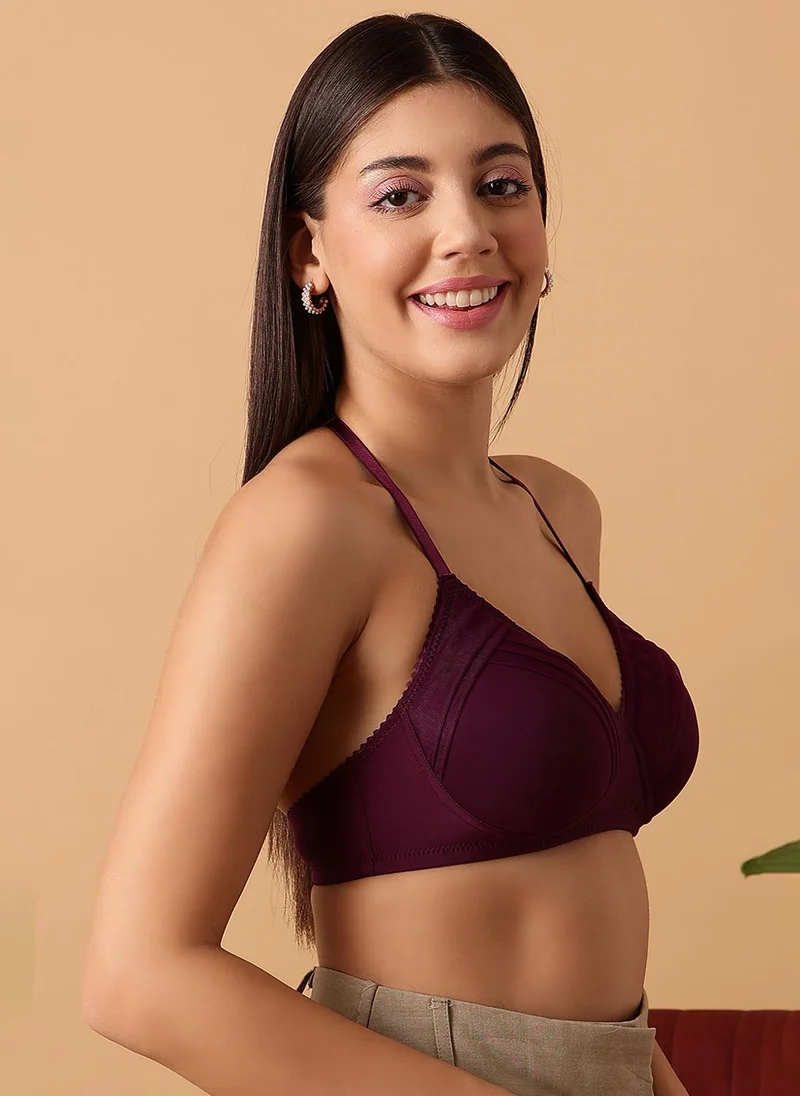 Clovia Clovia Padded Non-Wired Full Cup Halter Neck Bra in Plum Colour