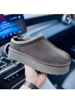 Womens Thick Bottom Knitted Slippers Cowhide Wool Warm Foam Short Boots Anti-slip Height Increasing Walnut color