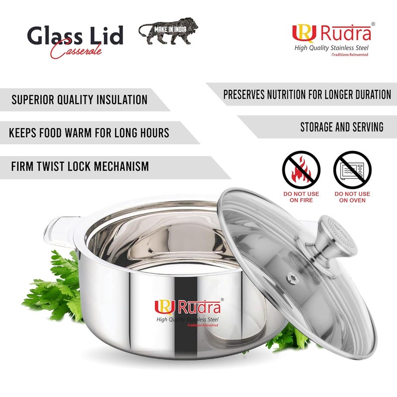 RUDRA Stainless Steel Serving Casserole SetToughened Glass LidPUF Insulated Hot BoxRoti BoxKeeps Food Hot FreshEasy to CarryFood Grade Ideal for Home Dining Table Steel 2500 ml - Image 5