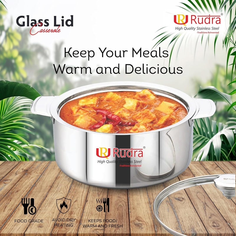 RUDRA Stainless Steel Serving Casserole SetToughened Glass LidPUF Insulated Hot BoxRoti BoxKeeps Food Hot FreshEasy to CarryFood Grade Ideal for Home Dining Table Steel 2500 ml - Image 2
