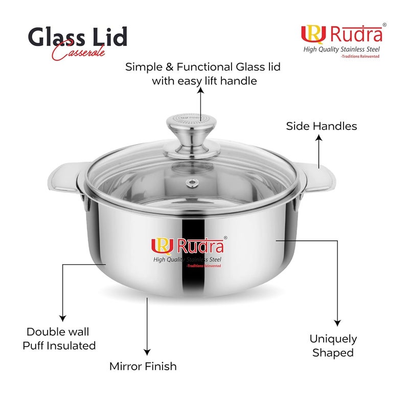 RUDRA Stainless Steel Serving Casserole SetToughened Glass LidPUF Insulated Hot BoxRoti BoxKeeps Food Hot FreshEasy to CarryFood Grade Ideal for Home Dining Table Steel 2500 ml - Image 3
