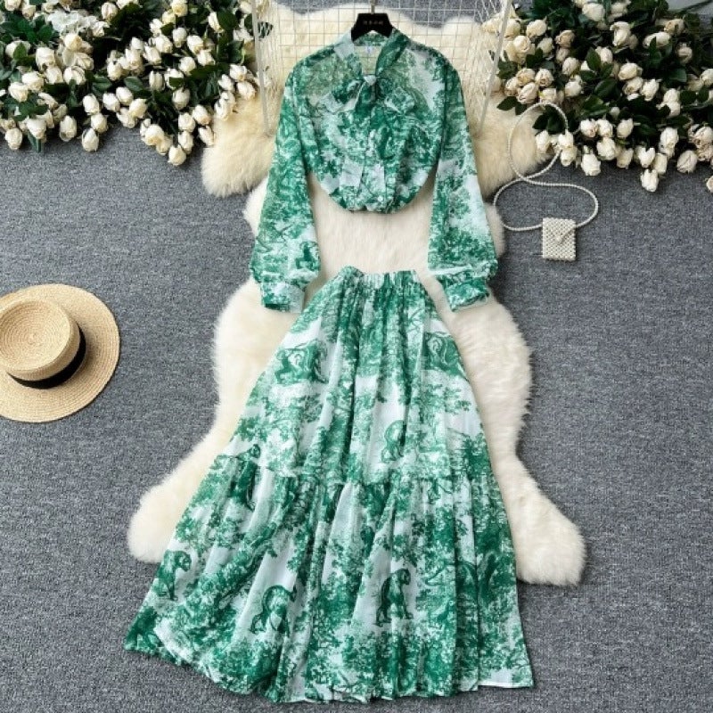 High-Waisted Versatile Printed Ruffle Skirt Womens European and American Style Two-Piece Set with Stylish Age-Reducing Long-Sleeved Bow Shirt Yellow - Image 2