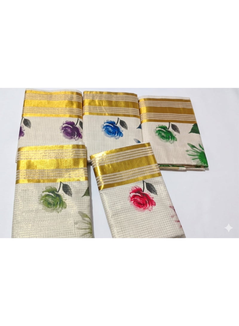 Aashvi Kuthampully Kerala Kasavu Cotton Set Saree With Golden Border And Purple Floral Print - Image 3