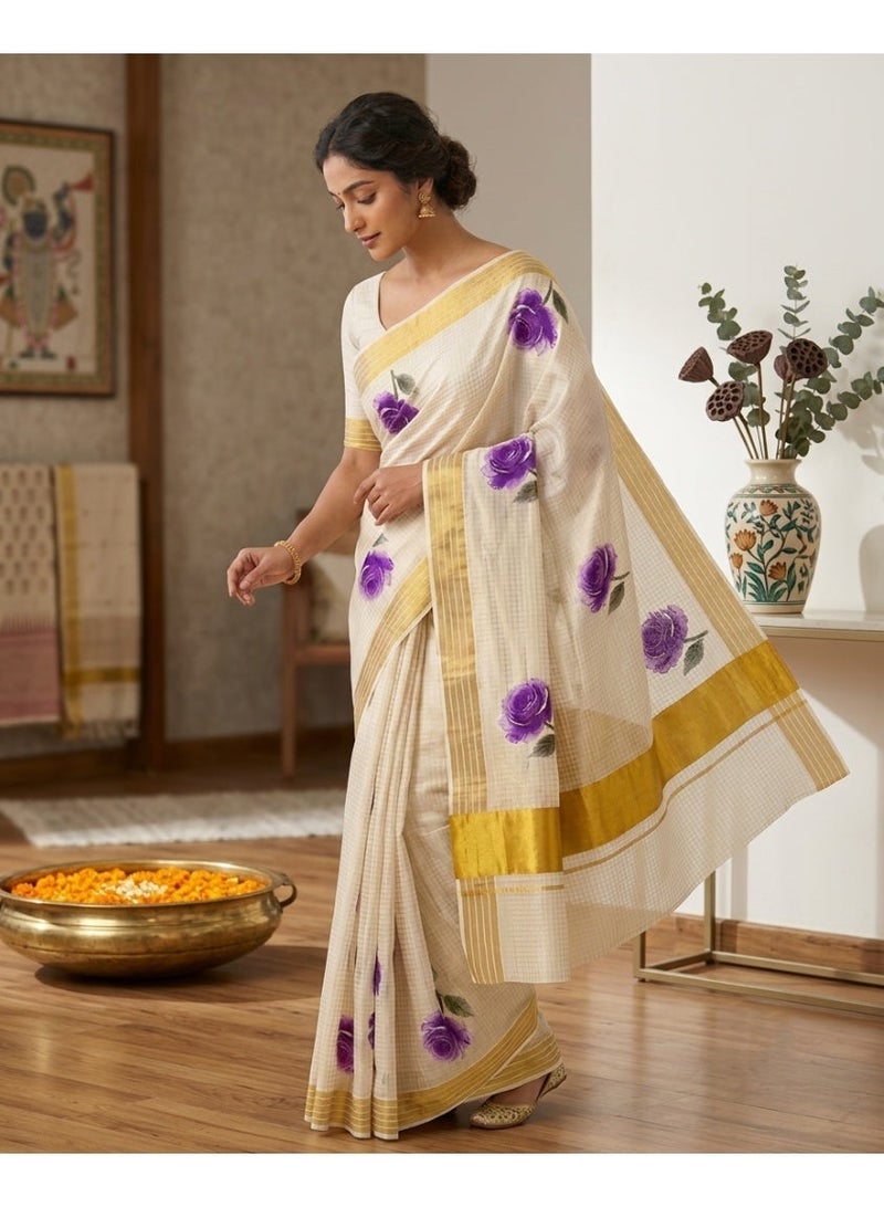 Aashvi Kuthampully Kerala Kasavu Cotton Set Saree With Golden Border And Purple Floral Print - Image 1