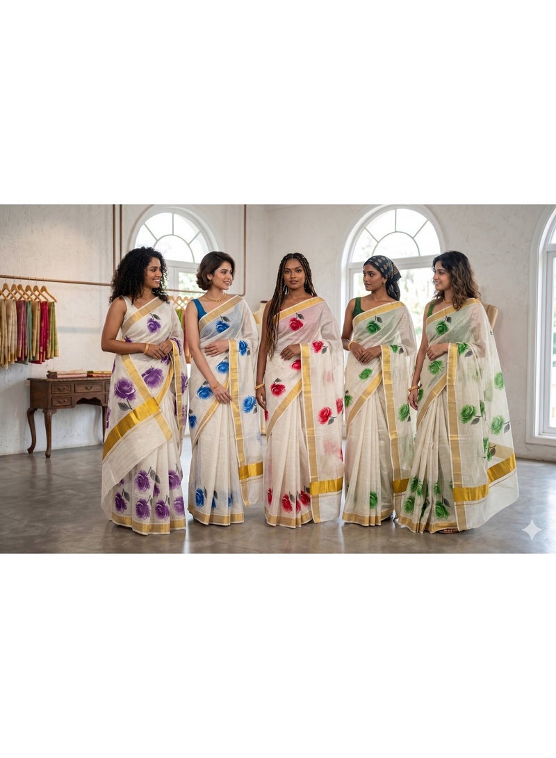 Aashvi Kuthampully Kerala Kasavu Cotton Set Saree With Golden Border And Purple Floral Print - Image 2