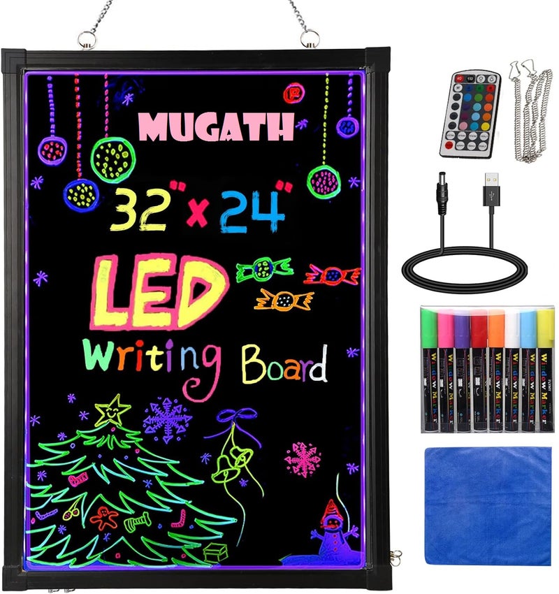 MUGATH Illuminated LED Message Writing Board - 24" X 32" Inches Erasable Neon Effect Menu Sign Board with 8 Colorful Markers for Home, Office, Restaurants, Bar, Holiday Celebration Gift - Image 1