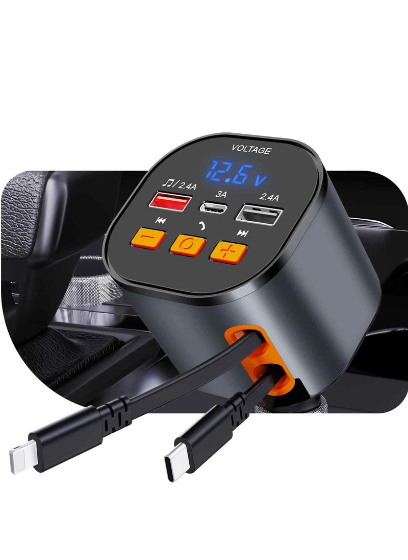 REBENUO Bluetooth FM Transmitter Car Adapter with 50W PD Fast Charging, Dual Retractable Cables, Bluetooth 5.0 Receiver, Hands-Free Calling & Music Playback – Compact Charger for All Cars  - Image 1