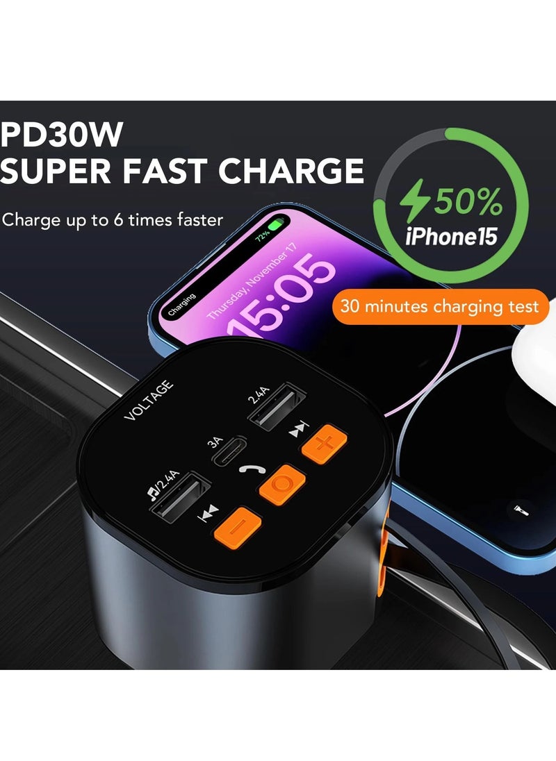 REBENUO Bluetooth FM Transmitter Car Adapter with 50W PD Fast Charging, Dual Retractable Cables, Bluetooth 5.0 Receiver, Hands-Free Calling & Music Playback – Compact Charger for All Cars  - Image 4