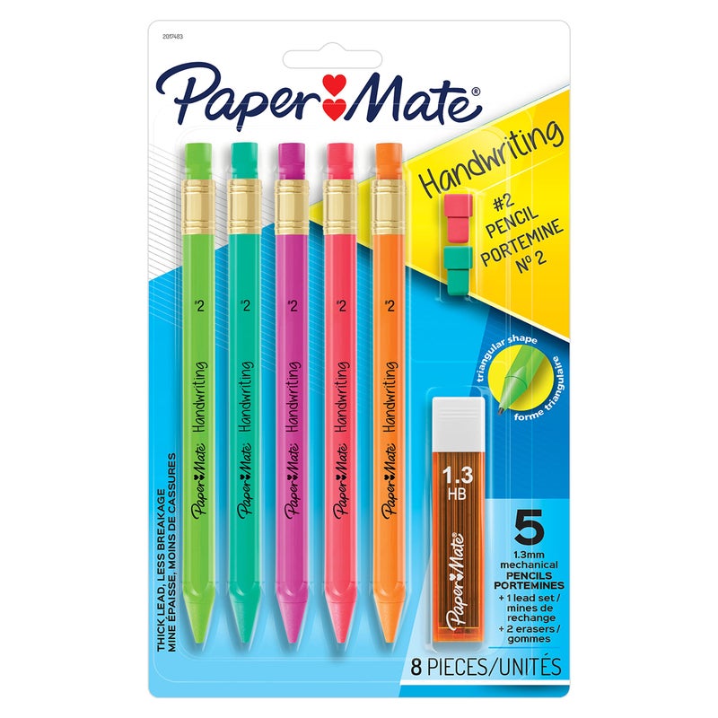Paper Mate Handwriting Triangular Mechanical Pencil Set with Lead & Eraser Refills, 1.3mm, 8 Count - Back to School, Teacher Supplies, Home, Kids Writing, Fun Barrel Colors - Image 2