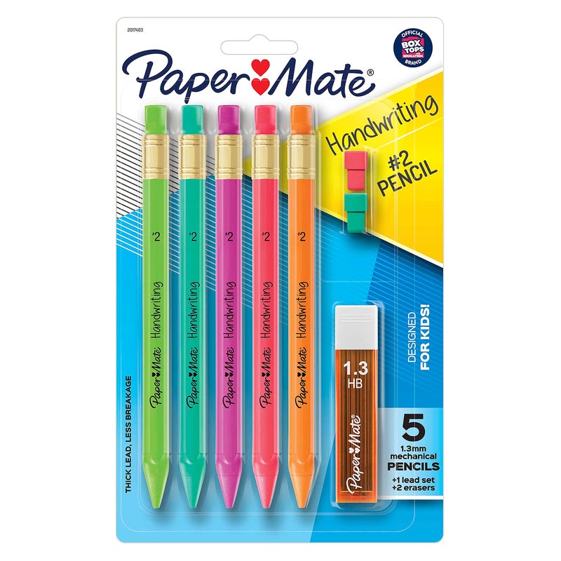 Paper Mate Handwriting Triangular Mechanical Pencil Set with Lead & Eraser Refills, 1.3mm, 8 Count - Back to School, Teacher Supplies, Home, Kids Writing, Fun Barrel Colors - Image 1