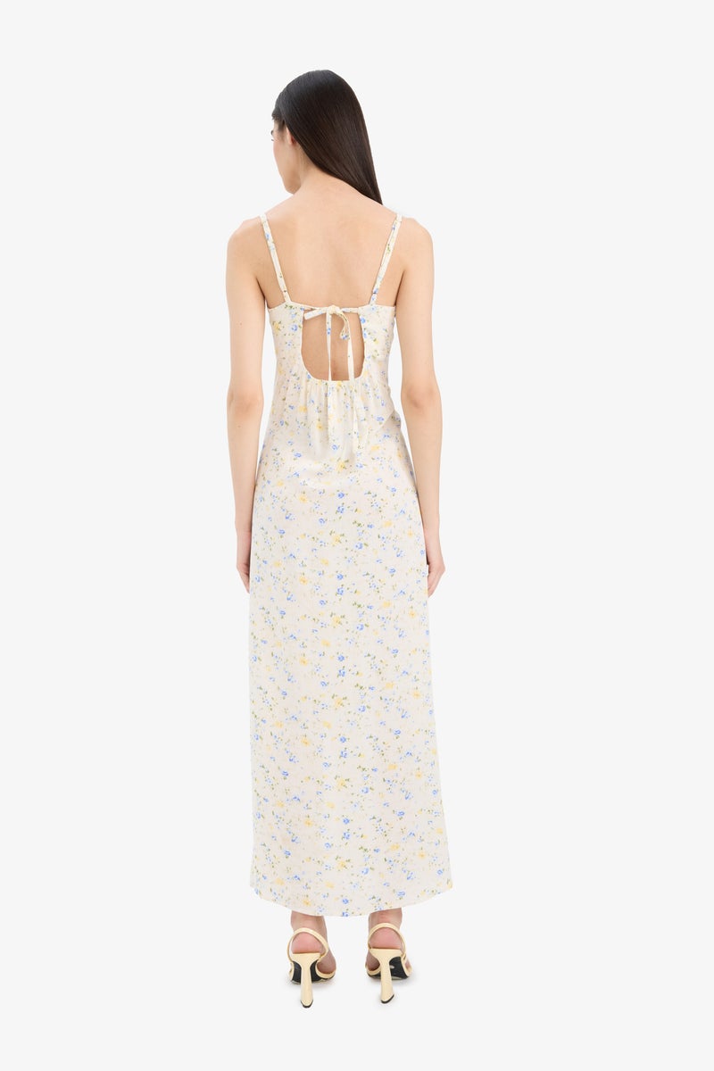 Woman Round Neck Floral Crinkle Viscose Strappy Slit Summer Midi Dress