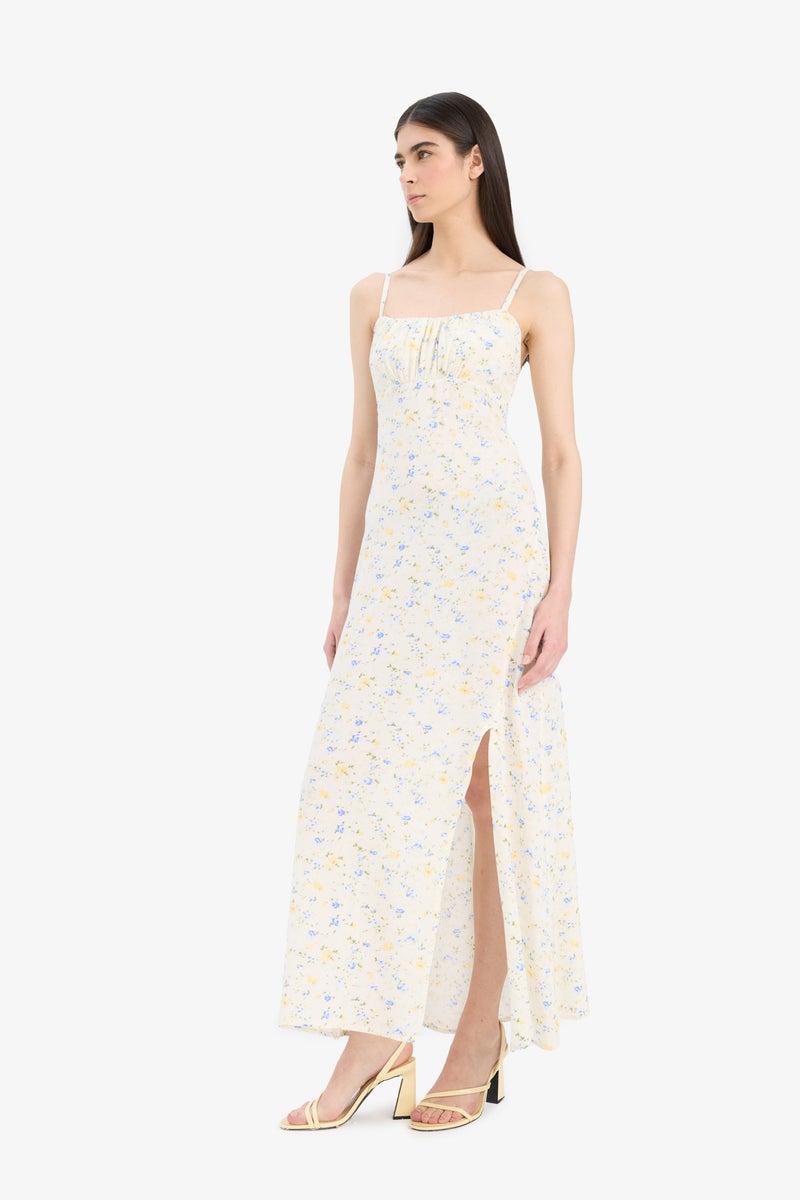 Woman Round Neck Floral Crinkle Viscose Strappy Slit Summer Midi Dress