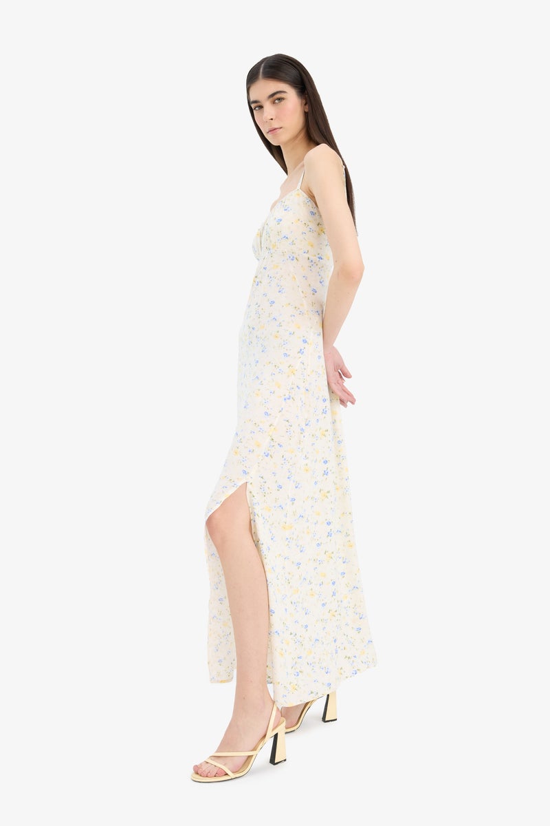 Woman Round Neck Floral Crinkle Viscose Strappy Slit Summer Midi Dress