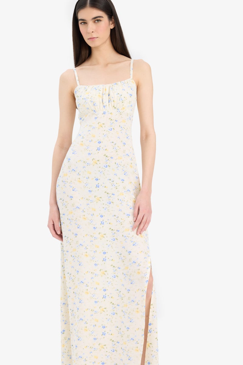 Woman Round Neck Floral Crinkle Viscose Strappy Slit Summer Midi Dress